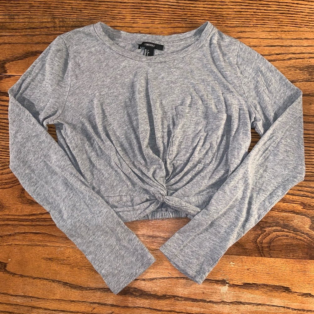 Forever 21 Gray Tied Long Sleeve Crop Top with Elasticized Hem